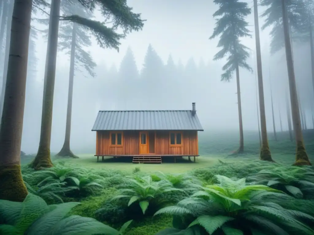 Refugio ecológico en un bosque verde, transmitiendo armonía entre humanos y naturaleza