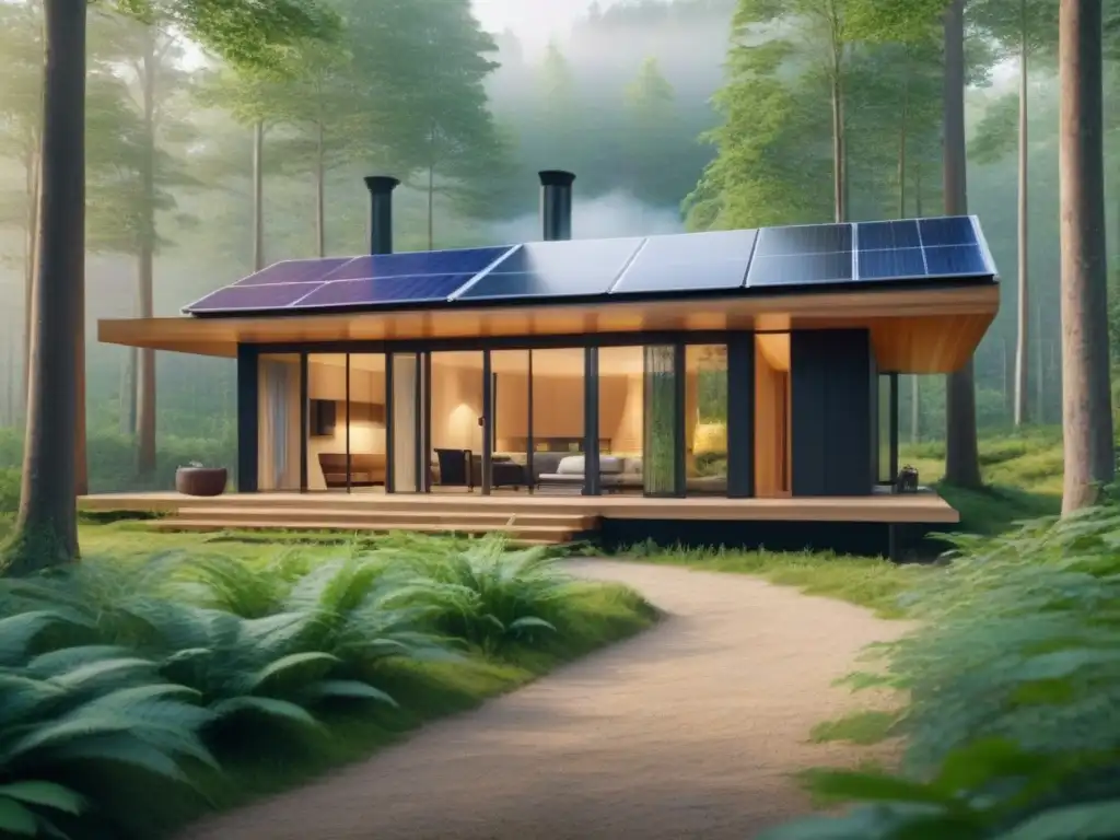 Un refugio ecológico en el bosque: cabaña moderna rodeada de naturaleza exuberante con paneles solares en el techo