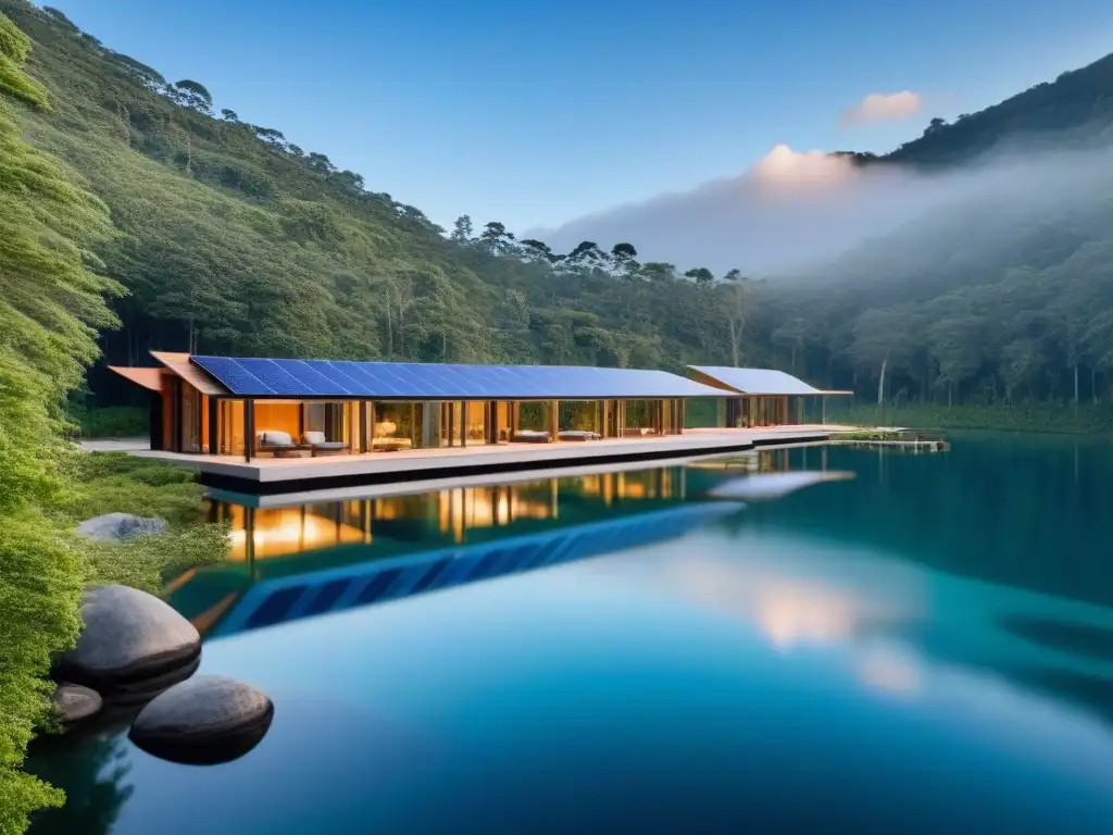 Un refugio de lujo sostenible en un bosque verde, con arquitectura moderna y vista al lago