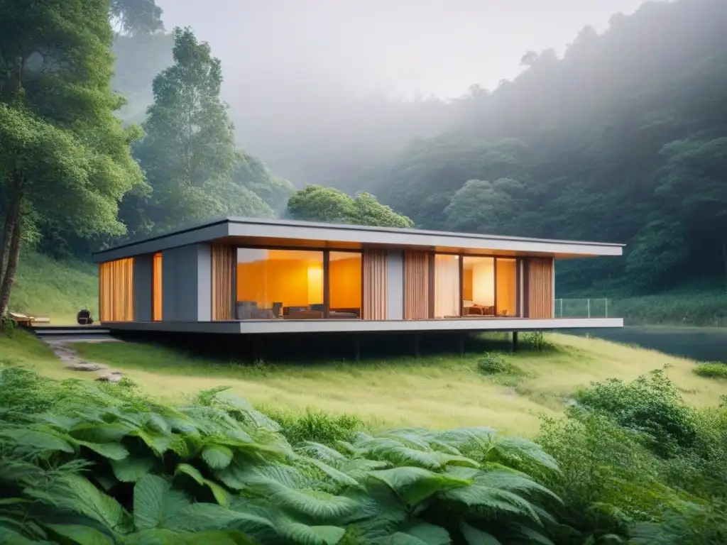 Refugio de lujo sostenible en un bosque verde, arquitectura eco con ventanales, techo verde y paneles solares