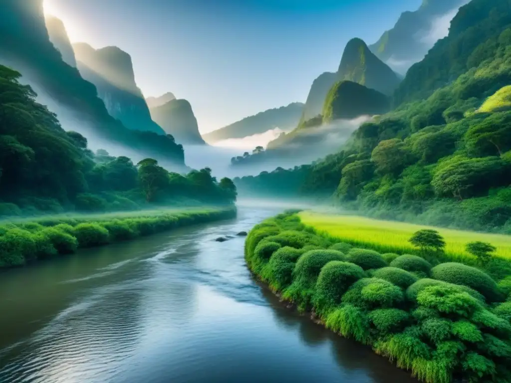 Un refugio sostenible en armonía con la naturaleza: un bosque verde exuberante, río tranquilo y diversa fauna