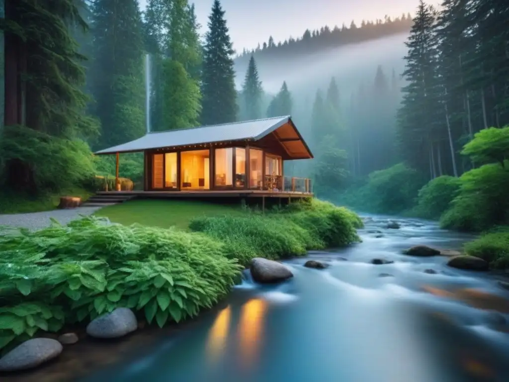 Un refugio sostenible en un bosque verde, con cabaña de madera y arroyo cristalino