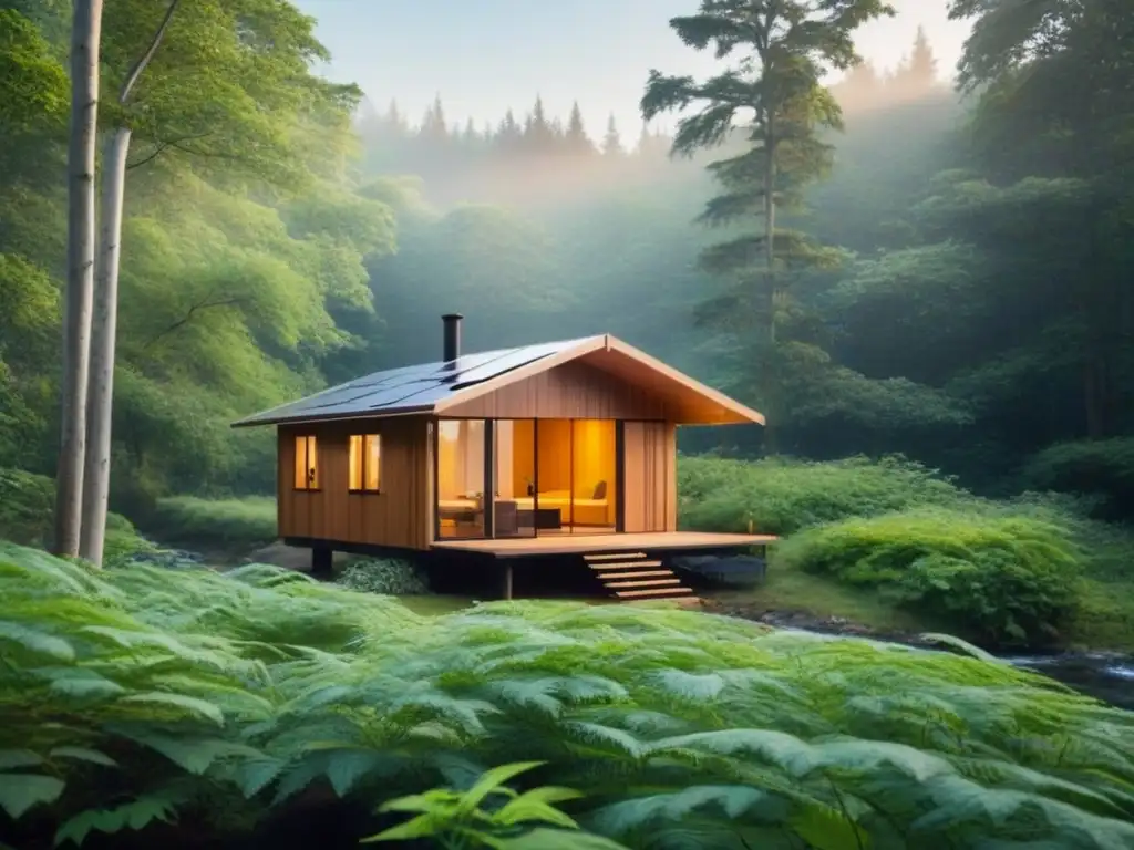 Refugio sostenible en un bosque verde con cabaña, paneles solares y naturaleza