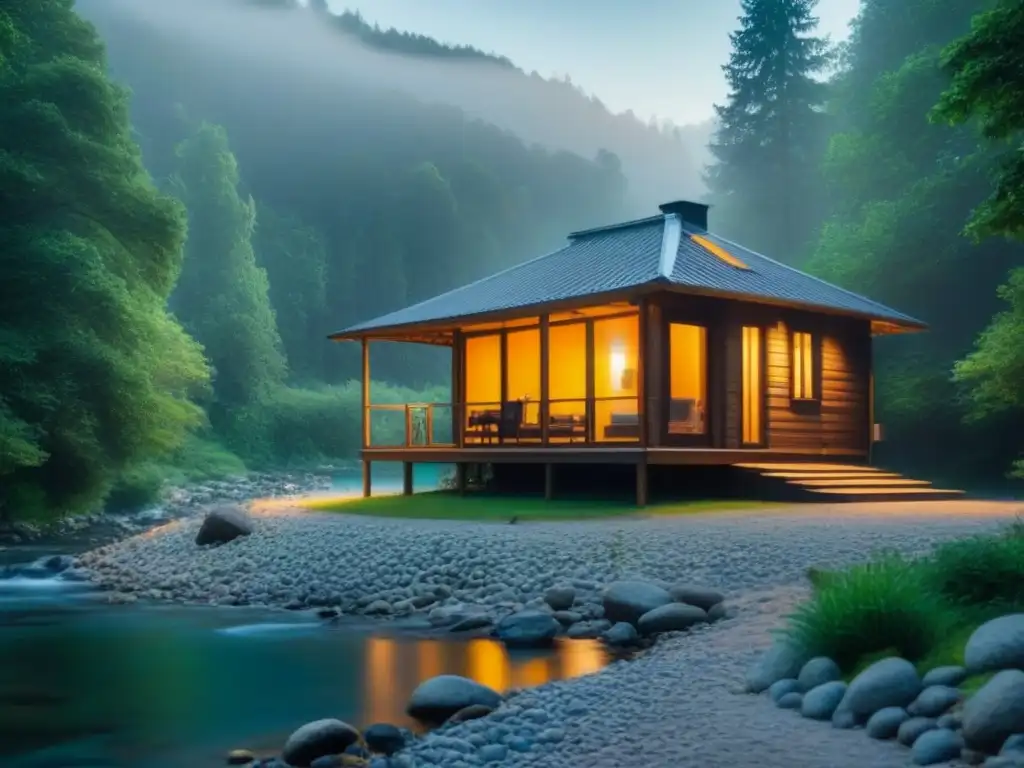 Refugio sostenible en la naturaleza: cabaña en el bosque rodeada de árboles verdes y arroyo cristalino