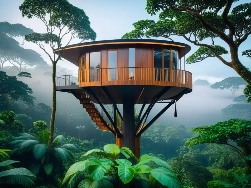 Refugio sostenible en la selva amazónica, ecofriendly con paneles solares y materiales reciclados, integrado en la exuberante vegetación