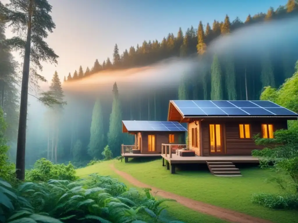 Un refugio sostenible para viajeros conscientes, entre cabañas de madera y paneles solares en un bosque verde