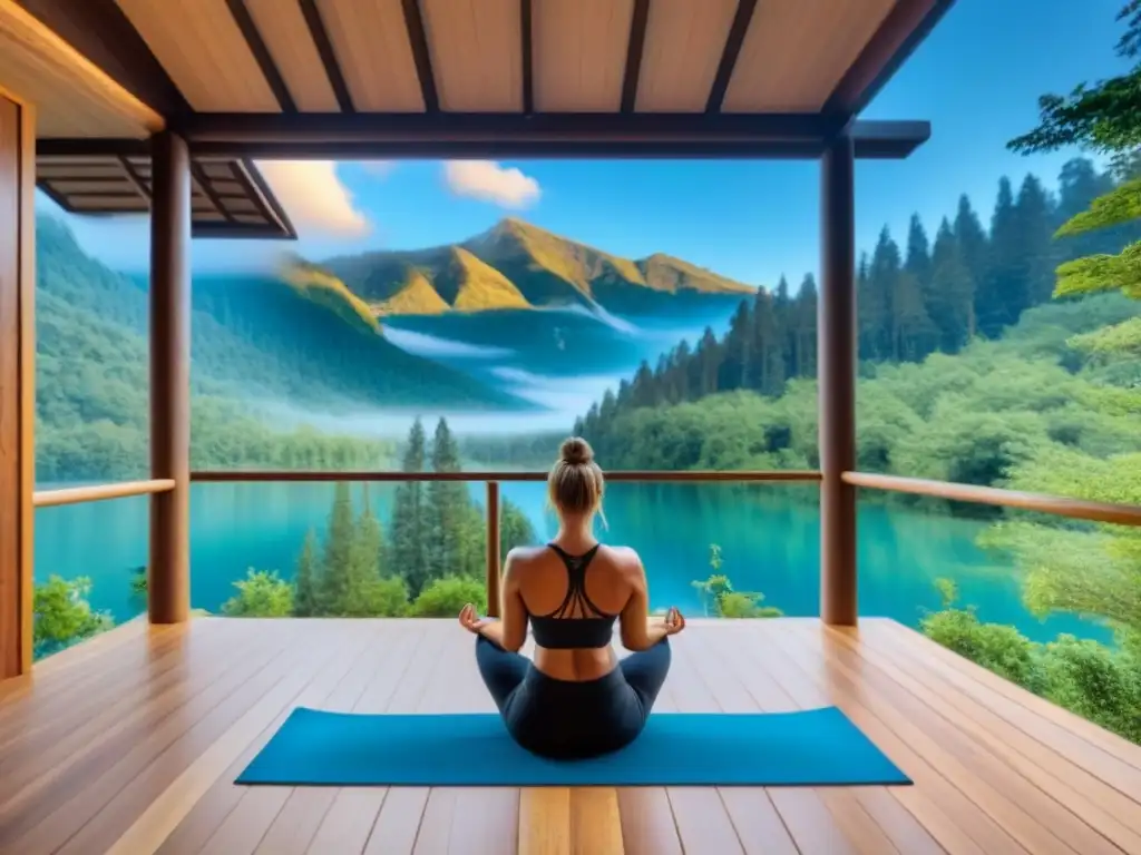 Un refugio de yoga sereno en el bosque, con cabaña de madera, lago y esterilla en la cubierta de madera