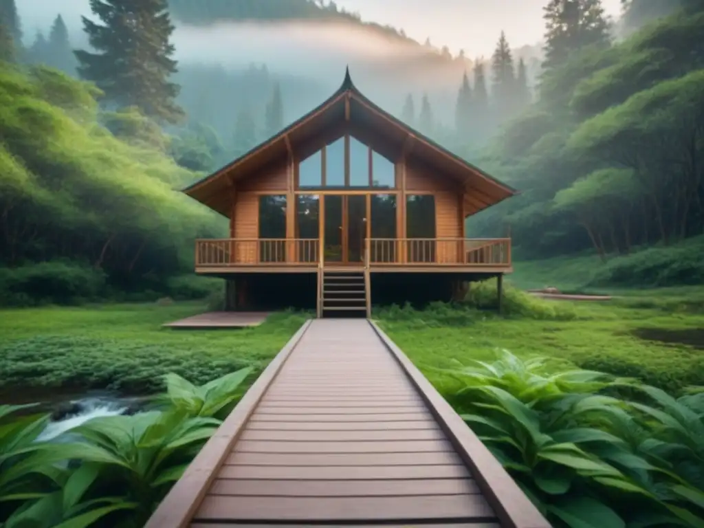 Refugio de yoga sostenible en la naturaleza: cabaña de madera rodeada de árboles altos y arroyo tranquilo