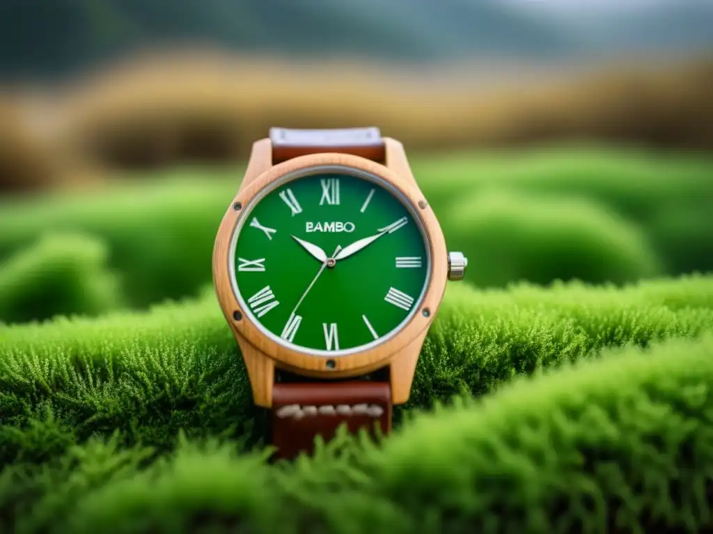 Un reloj de bambú descansa sobre musgo verde vibrante