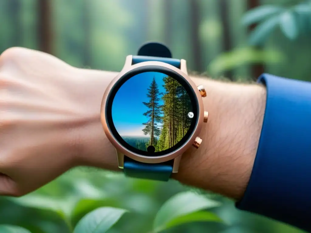 Reloj inteligente ecofriendly con diseño moderno y escena natural en alta resolución