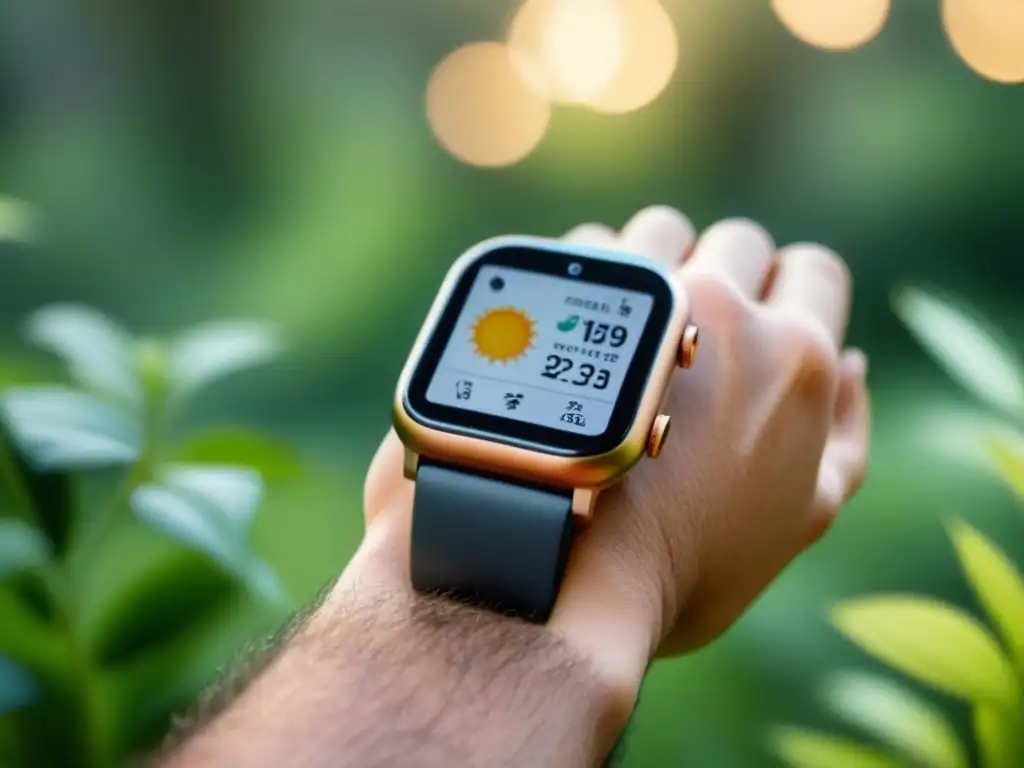 Reloj inteligente ecológico de lujo con diseño minimalista y materiales sostenibles, pantalla eink personalizable, y batería recargable con energía solar, en un entorno de vegetación exuberante y luz natural suave