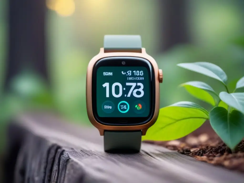 Reloj inteligente ecológico de lujo con diseño innovador mostrando datos ambientales, en bosque verde