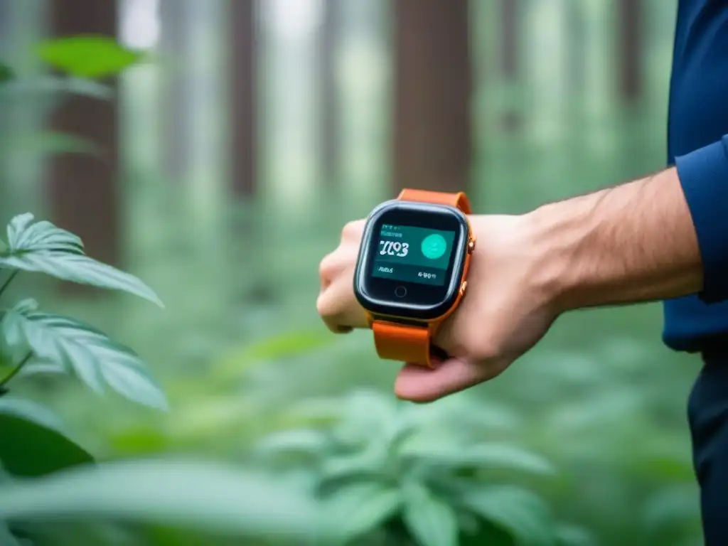 Reloj inteligente ecológico de diseño lujoso en un bosque verde