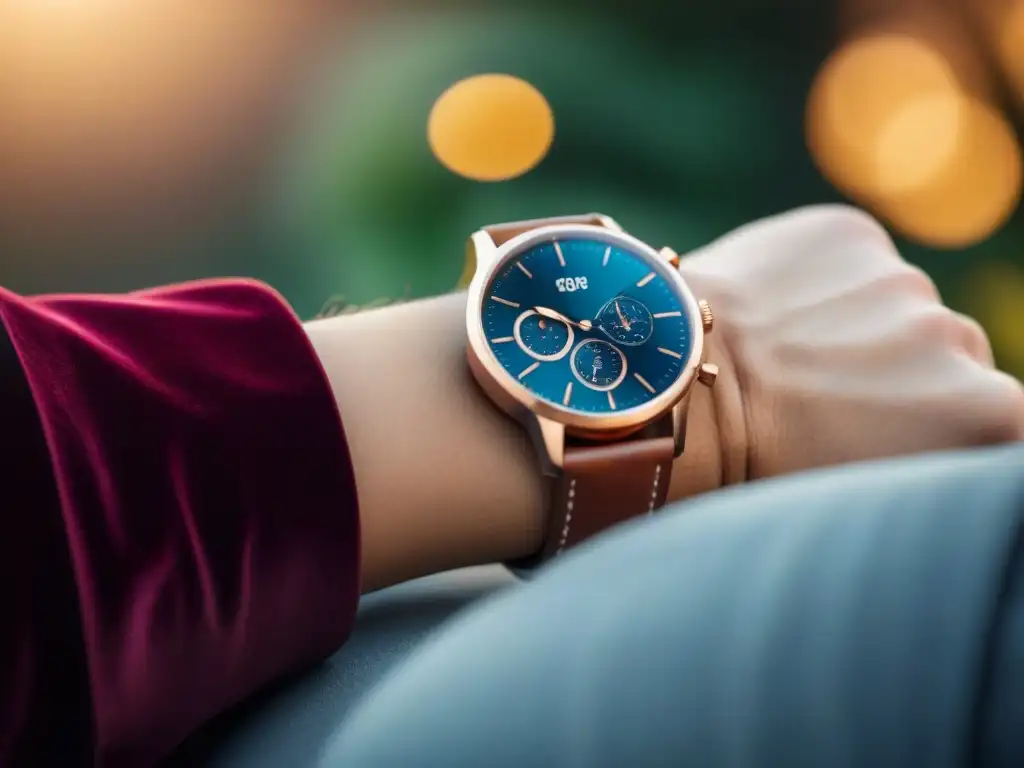 Reloj inteligente de lujo con certificación de gadgets ecológicos, elegante en cojín de terciopelo neutro