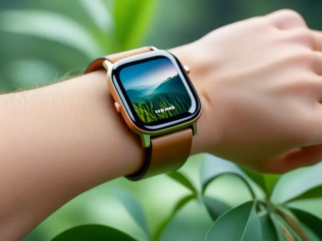 Reloj inteligente de lujo con diseño eco-friendly mostrando un bosque verde en alta resolución