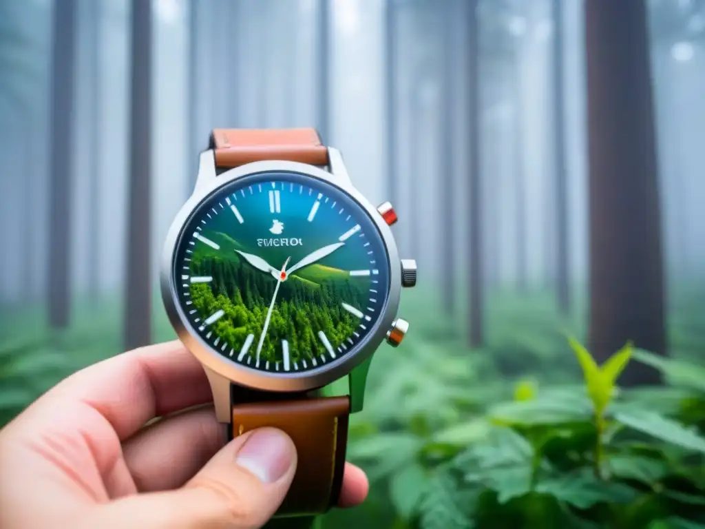 Reloj inteligente de lujo con diseño minimalista y eco-friendly, mostrando una escena de bosque animado