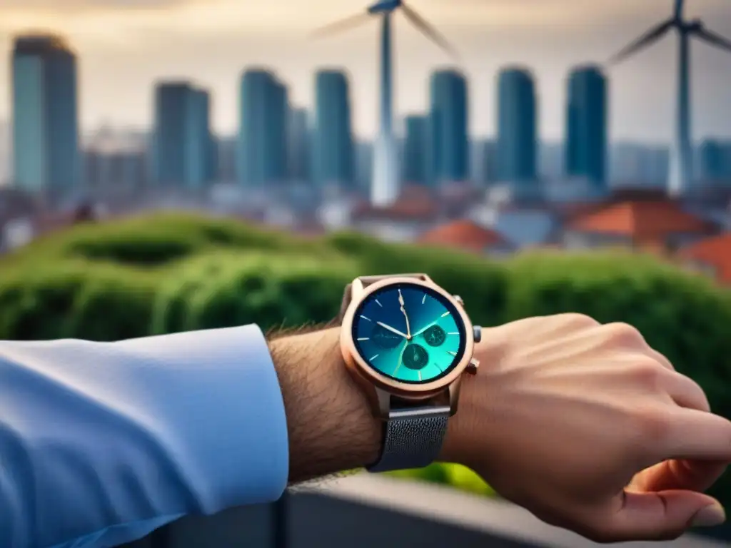 Un reloj inteligente de lujo y ecoinnovación sostenible en un entorno futurista urbano con energía eólica