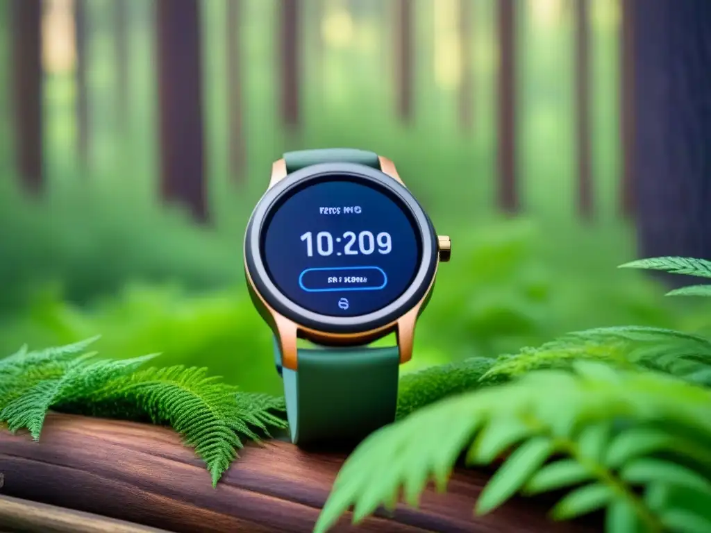 Reloj inteligente de madera sostenible y metales reciclados, con pantalla digital elegante en un bosque verde exuberante