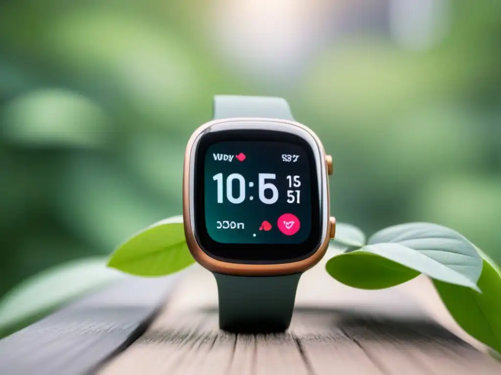 Un reloj inteligente moderno y elegante con pantalla táctil de alta resolución muestra datos de salud y fitness en un diseño minimalista y ecológico