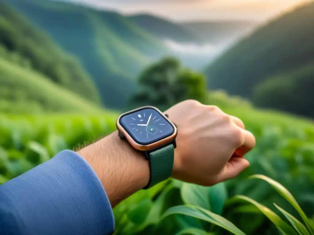 Un reloj inteligente solar de lujo en un bosque verde, lujo gadgets ecoinnovación sostenible