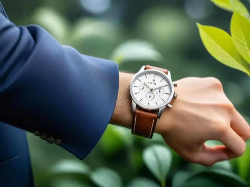 Reloj de lujo ecológico con diseño minimalista y logo sutil de marca, en armonía con la naturaleza