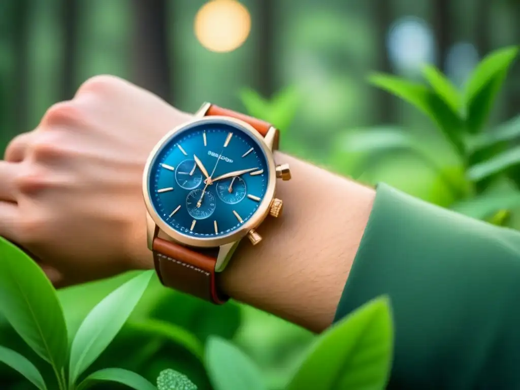 Reloj de marca sostenible en bosque verde, negocio ecoconsciente