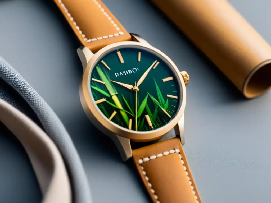 Un reloj moderno de marca sostenible con detalles elegantes en bambú, correa de cuero vegano y empaque ecofriendly sobre fondo blanco