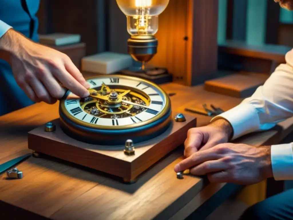 Reparación meticulosa de un reloj vintage en un banco de trabajo de madera, bajo la cálida luz de una lámpara enfocada, destacando la cultura de la durabilidad y la reutilización de productos