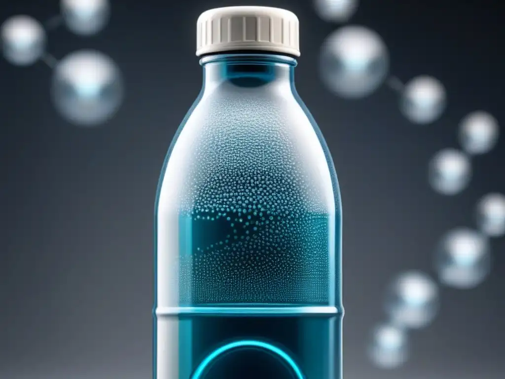 Una representación detallada de una botella de plástico rodeada de compuestos químicos, ilustrando los riesgos químicos en botellas de agua