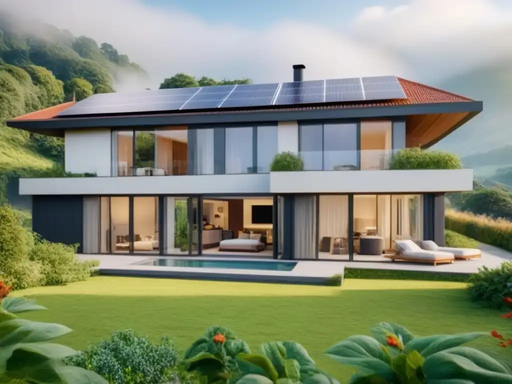 Residencia ecoamigable rodeada de vegetación, paneles solares y aislantes ecológicos para eficiencia energética