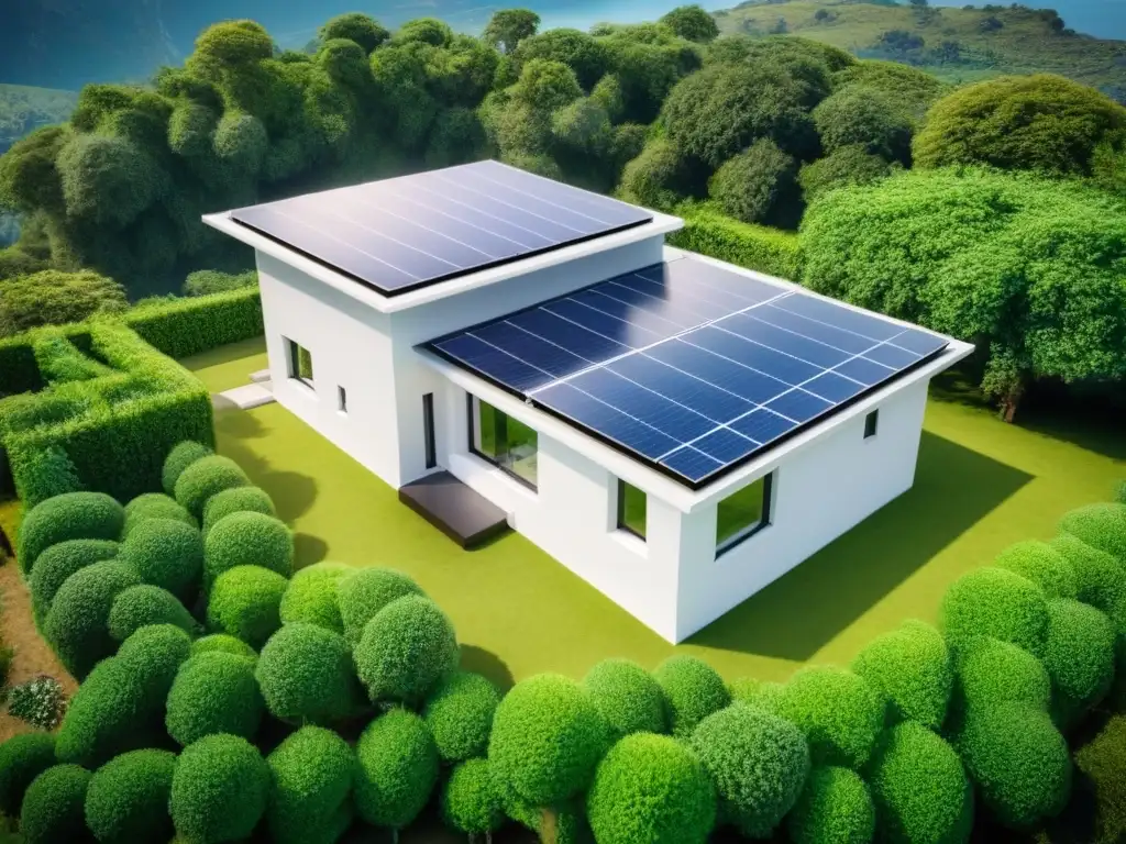 Residencia moderna y sostenible con paneles solares, rodeada de vegetación