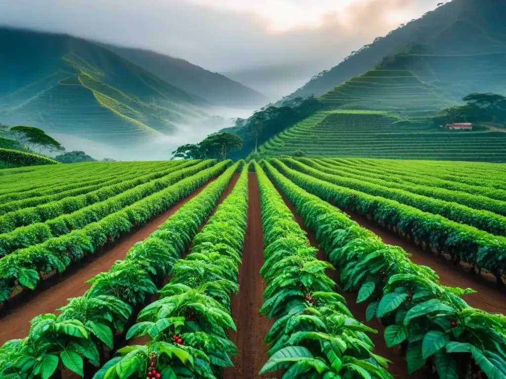 Transformación residuos café Biobean: Plantación de café exuberante al amanecer, con el sol dorado iluminando las hojas y montañas neblinosas al fondo