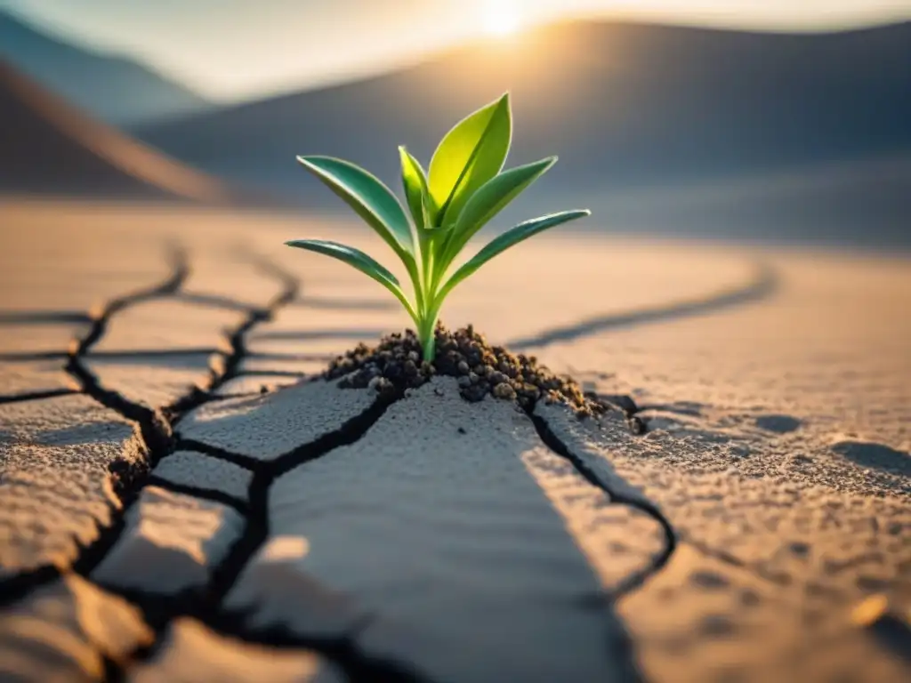 Resiliente planta verde en desierto árido, símbolo de esperanza y adaptación ante cambio climático