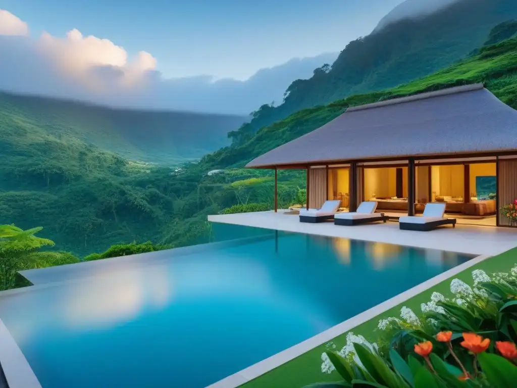 Resort de lujo cero residuos en armonía con la naturaleza, rodeado de montañas y aguas cristalinas reflejando el cielo azul