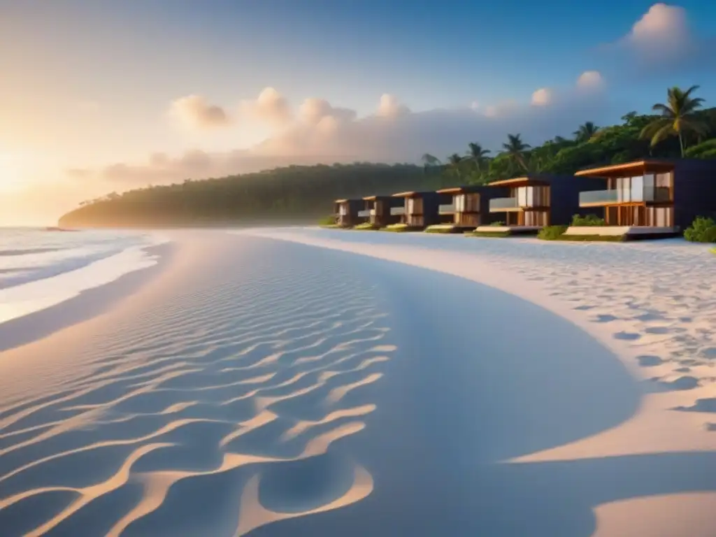 Un resort de lujo cero residuos se funde con la naturaleza en una playa paradisíaca al atardecer