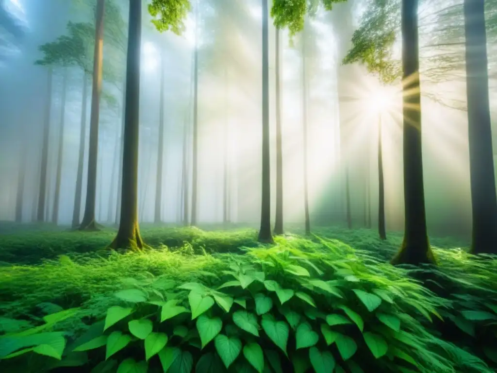 Resplandeciente bosque verde, luz filtrándose entre hojas