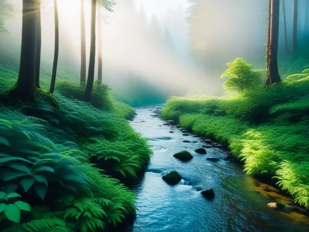 Retiro de bienestar en la naturaleza: bosque verde con luz del sol filtrándose entre hojas y un arroyo