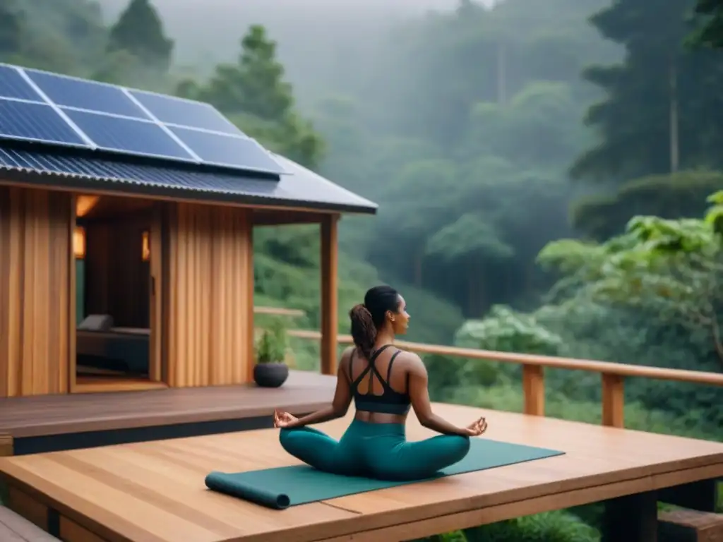 Retiro de bienestar sostenible en armonía con la naturaleza: yoga, cabañas de madera y paneles solares