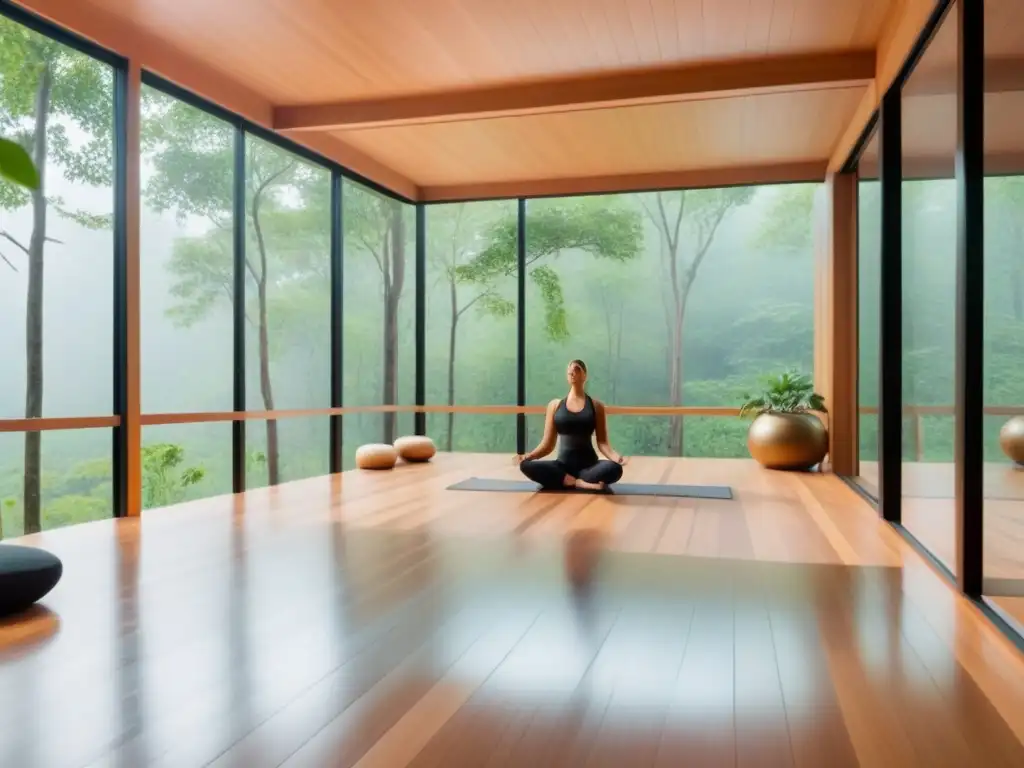 Retiro de bienestar sostenible en armonía con la naturaleza: yoga, meditación y arquitectura minimalista en un bosque verde