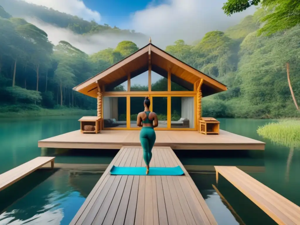 Retiro de bienestar sostenible para mujer en un bosque verde y sereno con cabaña de madera junto al lago