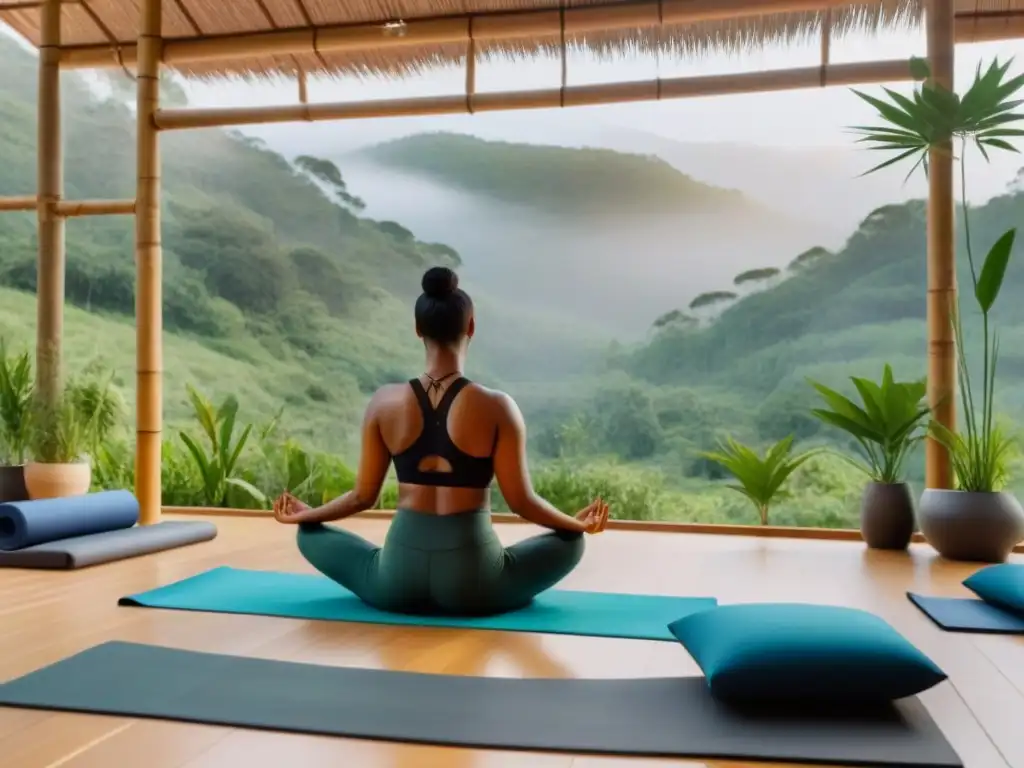 Un retiro de bienestar sostenible donde mujeres diversas practican yoga y meditación en armonía con la naturaleza