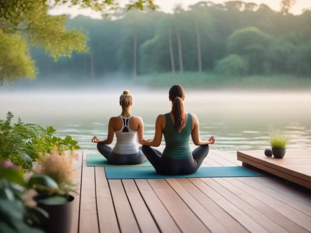 Retiro de bienestar sostenible para parejas practicando yoga al amanecer en un entorno natural sereno