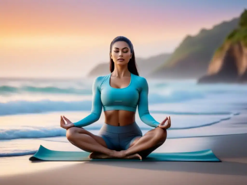 Retiro de bienestar sostenible en la playa al amanecer, meditación en armonía con la naturaleza