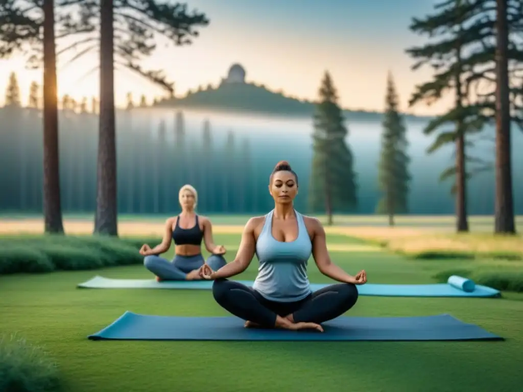 Retiro de bienestar sostenible en Europa: Practicantes de yoga en un prado verde rodeado de pinos al amanecer