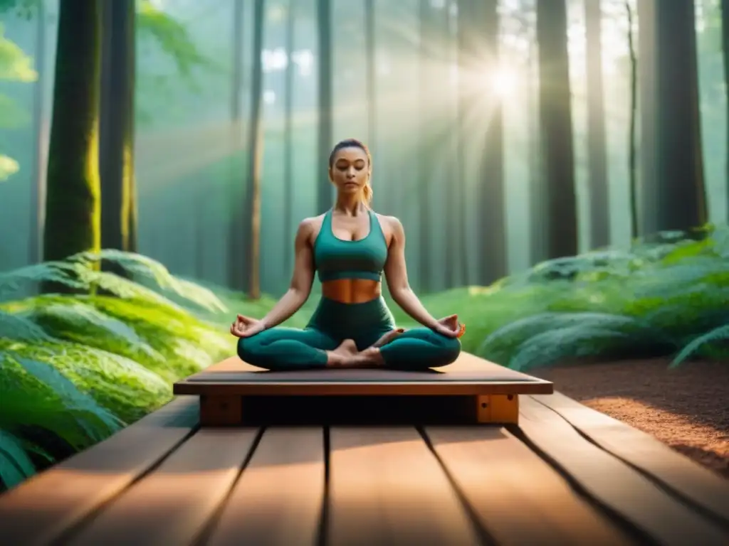 Retiro de yoga en la naturaleza: plataforma de madera entre árboles verdes y luz filtrada