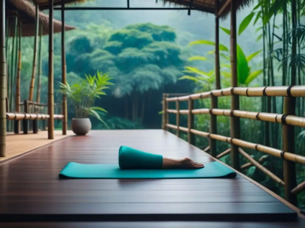 Retiro sostenible de bienestar en Asia: plataforma de yoga solitaria rodeada de bambúes y luz suave en bosque asiático