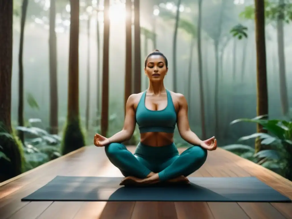 Retiro de yoga sostenible en un bosque verde, armonía y conexión con la naturaleza