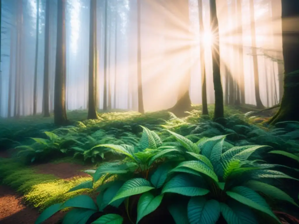 Retiro sostenible sin dejar huella: Bosque verde lleno de luz y sombras, transmitiendo calma y conexión con la naturaleza