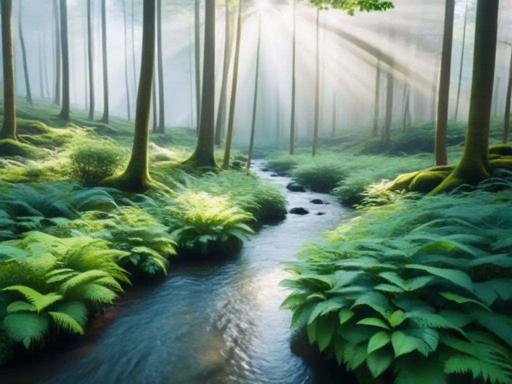 Un retiro sostenible sin dejar huella: bosque verde con arroyo tranquilo y luz filtrada entre árboles