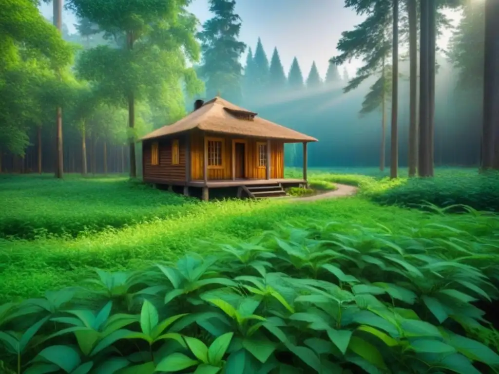 Retiro de yoga sostenible en medio de la naturaleza: cabaña de madera en un claro de bosque verde y exuberante